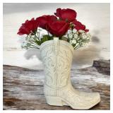Cowgirl Boot Flower Vase 10 1/2" Tall Antique White Finish with Intricate Tooled Leather Detailing Modern Rustic Western Cowboy Home DÃ©cor for Flowers or Standalone Accent