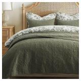 EVERGRACE 100% Cotton Paisley Quilt Set, Queen Size 3 Piece Set Prewashed Lightweight Bedspread with 2 Shams, Soft & Breathable Coverlet for All-Season Comfort, Olive Green