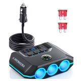 Anyongora 7 in 1 Cigarette Lighter Splitter, 120W 12V/24V Car Charger Adapter, 3 Sockets & Independent Switches, 4 USB Ports (3 USB-A + 1 USB-C), 3.3ft Extension Cord, LED Voltage Display