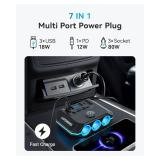 Anyongora 7 in 1 Cigarette Lighter Splitter, 120W 12V/24V Car Charger Adapter, 3 Sockets & Independent Switches, 4 USB Ports (3 USB-A + 1 USB-C), 3.3ft Extension Cord, LED Voltage Display