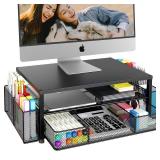 OPNICE Desk Organizer and Accessories, 2-Tier Computer Monitor Stand Riser with Drawer and 2 Pen Holders, Laptop Stand, Office Desk Accessories for Office Supplies, Black