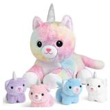 KMUYSL Toys for Ages 0 1 2 3 4 5 6 7 8+ Years - Plush Mommy Stuffed Animal with 4 Babies in Her Tummy, Soft Plush Toys Set, Christmas Birthday Gifts for Girls Boys, Toddler, Kids (Unicorn Cat Toys)