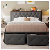 *White* Queen Upholstered Tufted Platform Bed with 2 Storage Drawers