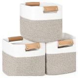 danpinera 11 Inch Storage Baskets, Woven Baskets for Organizing, 3 Pack Storage Cubes for Shelves, Closet, Nursery with Removable Leather Handles, White & Mixed Brown