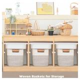 danpinera 11 Inch Storage Baskets, Woven Baskets for Organizing, 3 Pack Storage Cubes for Shelves, Closet, Nursery with Removable Leather Handles, White & Mixed Brown