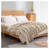 Ultra Soft Pre-Washed Quilted Boho Beige King Size Blankets for Bed, Ruffle Fringed Decorative Throw, Stone Washed Chic Rustic Blanket for Sofa Couch Bed, 104\"*90\"