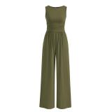 PRETTYGARDEN One Piece Jumpsuits for Women Dressy Casual Sleeveless Crewneck Wide Leg Rompers Jumpers 2025 Vacation Summer Outfits(Army Green, XL)