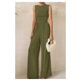 PRETTYGARDEN One Piece Jumpsuits for Women Dressy Casual Sleeveless Crewneck Wide Leg Rompers Jumpers 2025 Vacation Summer Outfits(Army Green, XL)