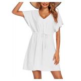 Ekouaer Womens Apparel, Short Sleeve Bathing Suit Coverups, Loose V-Neck Bikini, Beach Tunic Top, A-white-01, Large