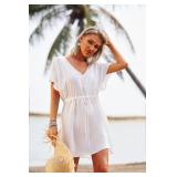 Ekouaer Womens Apparel, Short Sleeve Bathing Suit Coverups, Loose V-Neck Bikini, Beach Tunic Top, A-white-01, Large