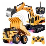 JOYIN 2 PCS Remote Control Construction Vehicle Toy Set, Friction-Powered RC Excavator & RC Dump Truck with Lights and Sounds for Imaginative Play, Christmas Birthday Gifts for Toddlers Boys Girls