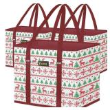 BALEINE 3Pk Reusable Grocery Bags, Foldable Shopping Bags for Groceries with Reinforced Bottom & Handles (Reindeers)