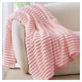 BEDELITE Fleece Throw Blanket for Couch - 300GSM Soft & Warm Fluffy Pink Blanket, Decorative and Giftable Striped Blankets for Women, Men, 50\"x60\"