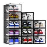 12 Pack Shoe Storage Bins, Clear Plastic Stackable Shoe Organizer for Closet, Space Saving Foldable Shoe Rack, Shoe Box Sneaker Holder Container, Black Frame