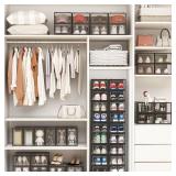 12 Pack Shoe Storage Bins, Clear Plastic Stackable Shoe Organizer for Closet, Space Saving Foldable Shoe Rack, Shoe Box Sneaker Holder Container, Black Frame