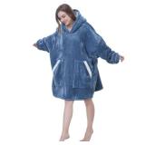 Kipswiza Oversized Wearable Blanket Hoodie, Cozy Sherpa Hooded Blankets Sweatshirt for Women Men Mom Daughter with Big Pockets as Gifts - Denim Blue