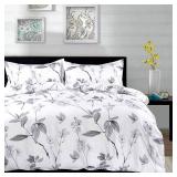 Nanko Queen Size Duvet Cover Set, White and Grey Floral Leaf Luxury Microfiber Down Comforter Quilt Cover with Zipper, Ties - Modern Farmhouse Bedding for Men Women Bed 3 Piece - 90 x 90, Gray Flowers