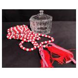 Red and White Plastic Bead Necklace with Tassel