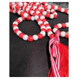 Red and White Plastic Bead Necklace with Tassel