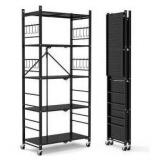 5 Tier Folding Shelf With Hooks, Black