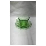 Depression Era Green Uranium Glass Tea Cup and Saucer Set