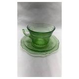 Depression Era Green Uranium Glass Tea Cup and Saucer Set