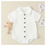 Sprifallbaby Baby Girl Boy Button Down Shirt Newborn Solid Color Short Sleeve Collared Romper Infant Summer Formal Bodysuit (White, 3-6 Months)