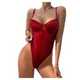 Aularso Sexy Sheer Bodysuit Red Straps Sleeveless Tank Top Summer Going Out Bodysuits for Women, Large