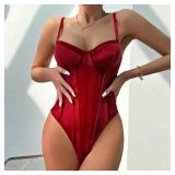 Aularso Sexy Sheer Bodysuit Red Straps Sleeveless Tank Top Summer Going Out Bodysuits for Women, Large