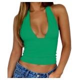 ForeFair Women Sexy Halter Deep V Neck Backless Crop Tank Top Open Back Sleeveless Slim Fit Y2k Summer Tops(Green,S)