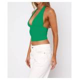 ForeFair Women Sexy Halter Deep V Neck Backless Crop Tank Top Open Back Sleeveless Slim Fit Y2k Summer Tops(Green,S)