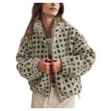 Lianlive Women Winter Sherpa Fleece Jacket Long Sleeve Zip Up Checkered Fuzzy Cropped Coats Warm Outwear with Pockets (Green-M)