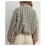 Lianlive Women Winter Sherpa Fleece Jacket Long Sleeve Zip Up Checkered Fuzzy Cropped Coats Warm Outwear with Pockets (Green-M)