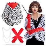 4 Pack Women Halloween Dalmatian Costume, Black White Dalmatian Shawl Scarf Stole, 1920s Red Glove, Faux Pearls Necklace for Adult