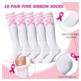 Toulite 10 Pairs Breast Cancer Awareness Socks Pink Ribbon Football Cheer Knee High Socks Soccer Socks for Women(White)