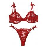 AnloveKiss Sexy Underwire Cute Push Up Strappy Embroidered Mesh Sheer Lingerie Set See Through Panty Bra (Red, M)