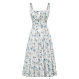 Scarlet Darkness Floral Corset Dress for Women Ruched Bust Flowy Summer Victorian Dresses Blue S