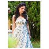 Scarlet Darkness Floral Corset Dress for Women Ruched Bust Flowy Summer Victorian Dresses Blue S