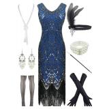 1920s Gatsby Sequin Fringed Paisley Flapper Dress with 20s Accessories Set (3XL, Style Flower Green)