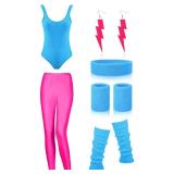 SATINIOR Women 80s 90s Workout Costume Outfit Accessories Set Leg Warmers Headband Wristbands Earrings Swimwear Suit (Lake Blue, Rose Red,Small) (HEADBAND IS PINK)