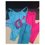 SATINIOR Women 80s 90s Workout Costume Outfit Accessories Set Leg Warmers Headband Wristbands Earrings Swimwear Suit (Lake Blue, Rose Red,Small) (HEADBAND IS PINK)
