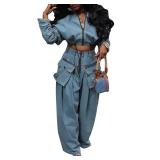 KANSOON Denim Outfits for Women 2 Piece Sets Jean Loose Casual Drawstring Zipper Crop Pullover Wide Leg Pant Sweat Suits Blue XL