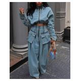 KANSOON Denim Outfits for Women 2 Piece Sets Jean Loose Casual Drawstring Zipper Crop Pullover Wide Leg Pant Sweat Suits Blue XL