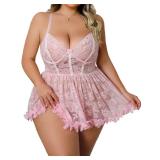 Mixxmix Lingerie for Large Breasted Women Sexy Plus Size Outfits V Neck Lace Dress Nightwear Red 3XL