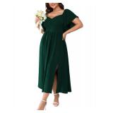SCOMCHIC Women Plus Size Dresses Short Sleeve Sweetheart Neckline Wedding Guest Cocktail Smocked A Line Slit Maxi Dress Emerald Green, 2XL