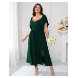 SCOMCHIC Women Plus Size Dresses Short Sleeve Sweetheart Neckline Wedding Guest Cocktail Smocked A Line Slit Maxi Dress Emerald Green, 2XL