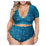 JuicyRose Plus Size 2 Piece Lingerie Set for Women Sexy Deep V Allover Lace Bra and Panty High Waist Nightwear Clubwear (T005,Blue Green,4XL)