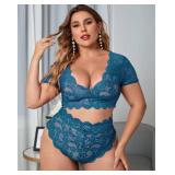 JuicyRose Plus Size 2 Piece Lingerie Set for Women Sexy Deep V Allover Lace Bra and Panty High Waist Nightwear Clubwear (T005,Blue Green,4XL)