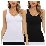 Camisoles with Built in Bra Compression Padded Shapewear Tank Tops for Women White Tank Tops with Built in Bras Tummy Control, XL