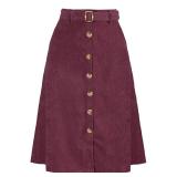 Allegra K Womens High Waist Button Front A-Line Belted Corduroy Midi Skirt Small Burgundy